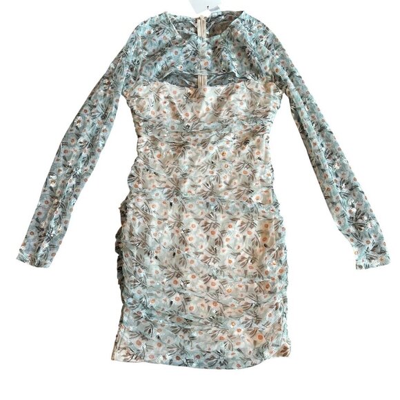 Selfie Leslie First Class Long Sleeve Ruched Mesh Dress Floral Mini Medium NWT - Picture 2 of 13